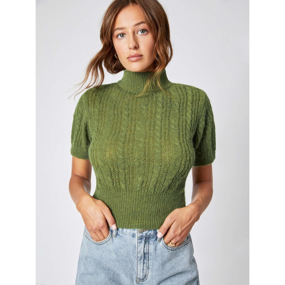 Cider 14R Wool Blend High Neck Olive Matcha Green Short Sleeve Sweater Top M‎